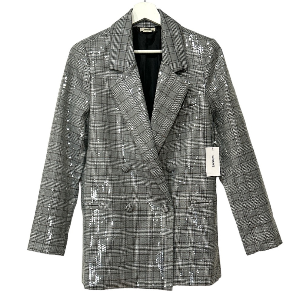 Jason Wu Sequined Double Breasted Blazer Gray Plaid Small NEW - Picture 2 of 16